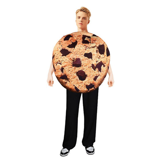 Adult wearing the chocolate chip cookie sponge costume over black pants, front view