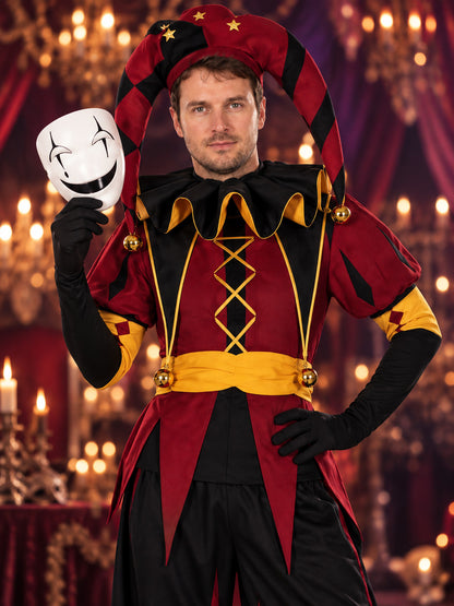 Jester Cosplay Costume with Mask, Hat, Stockings, and Gloves