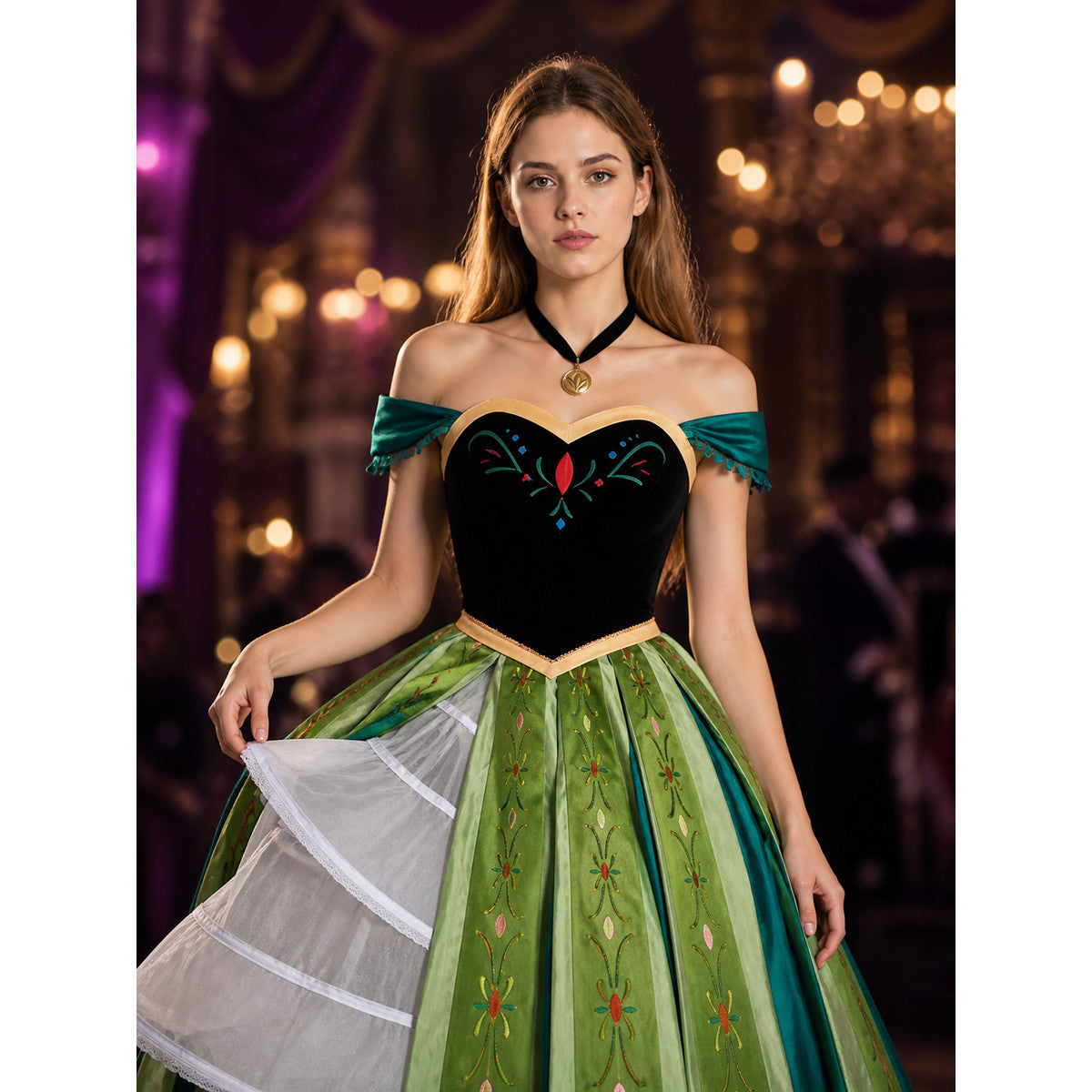 Adult Anna Cosplay Costume Set, Embroidered Green Vest And Skirt With Necklace