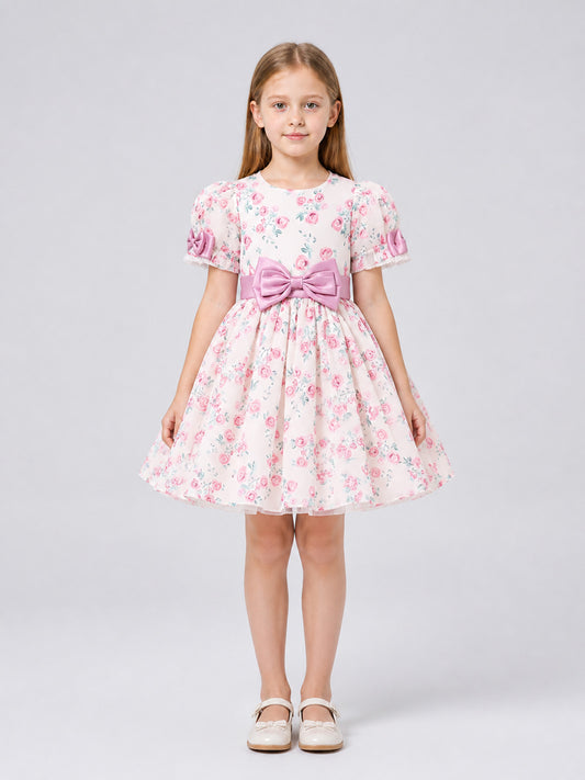 Dressy “Princess” Dress with Floral Print and Bow on-model view