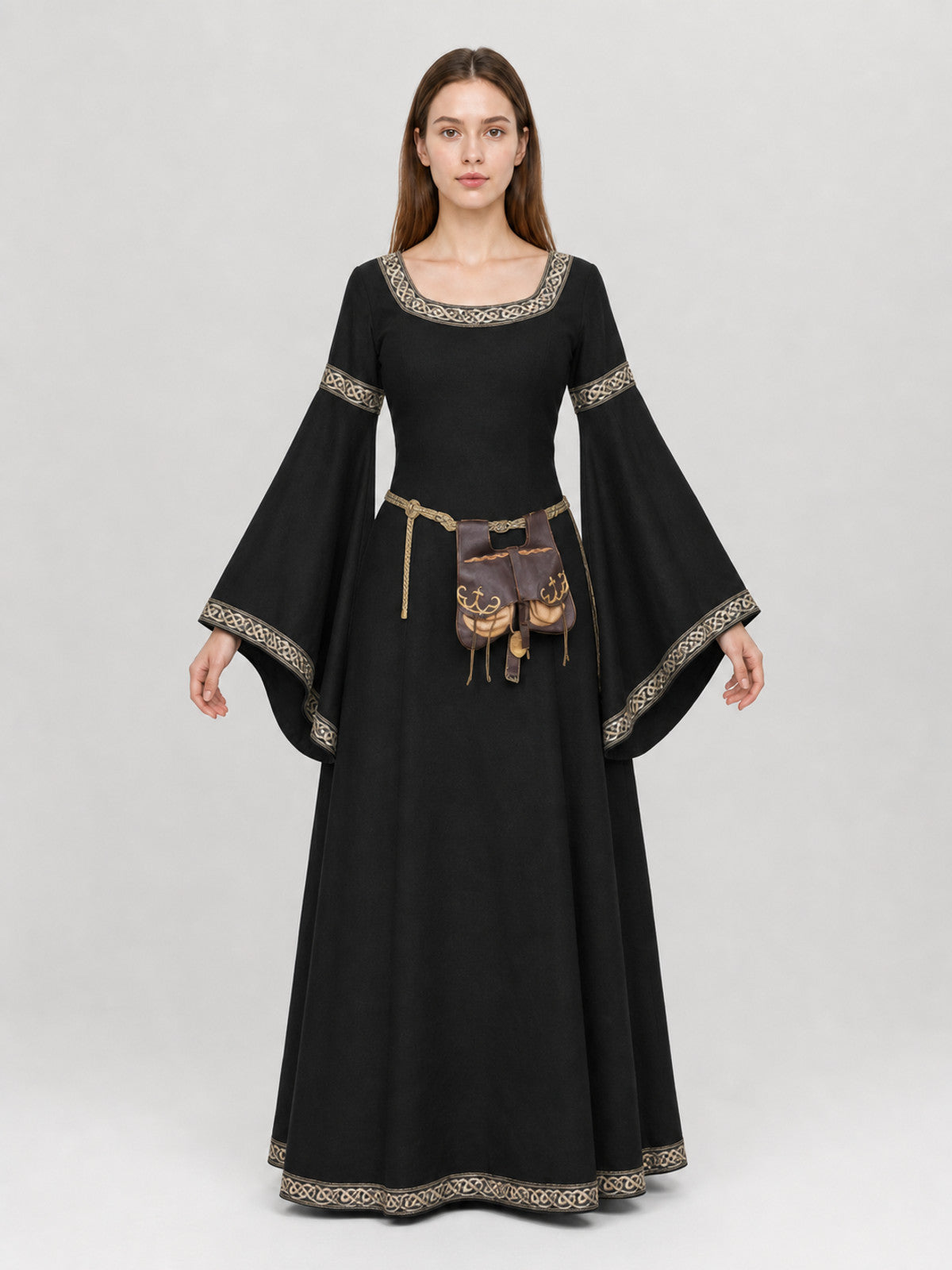 Medieval Dress with Belt and Flared Sleeves front view