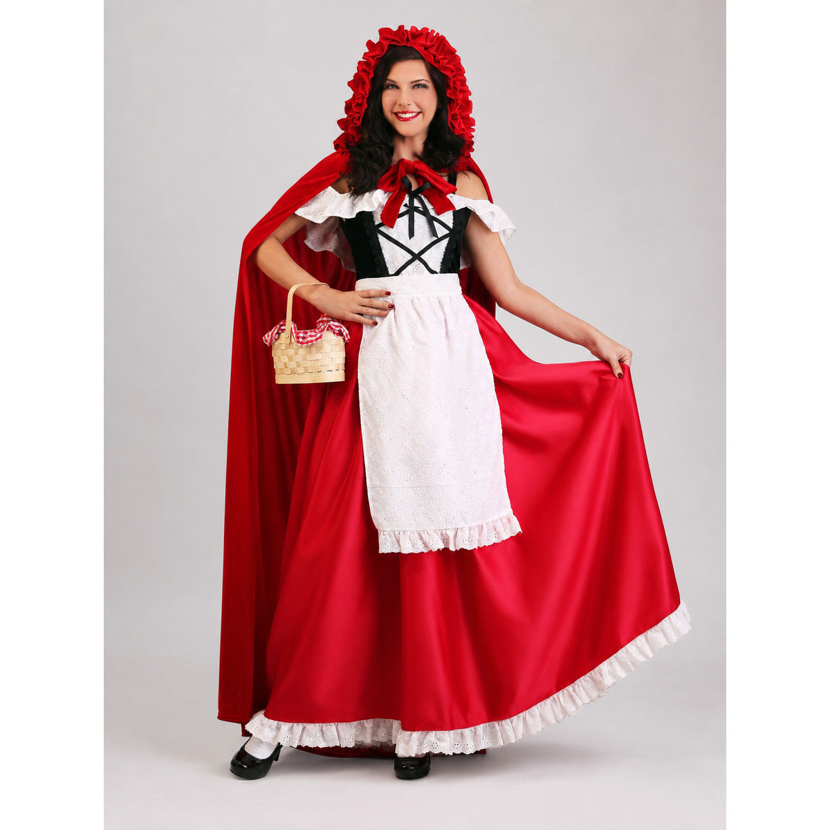 Red Riding Hood costume set designed as a dress with a cape, suitable for stage performances, festive dress-up, and themed cosplay. The set includes a costume combining a red dress with a full silhouette, a white apron-style front, and a re