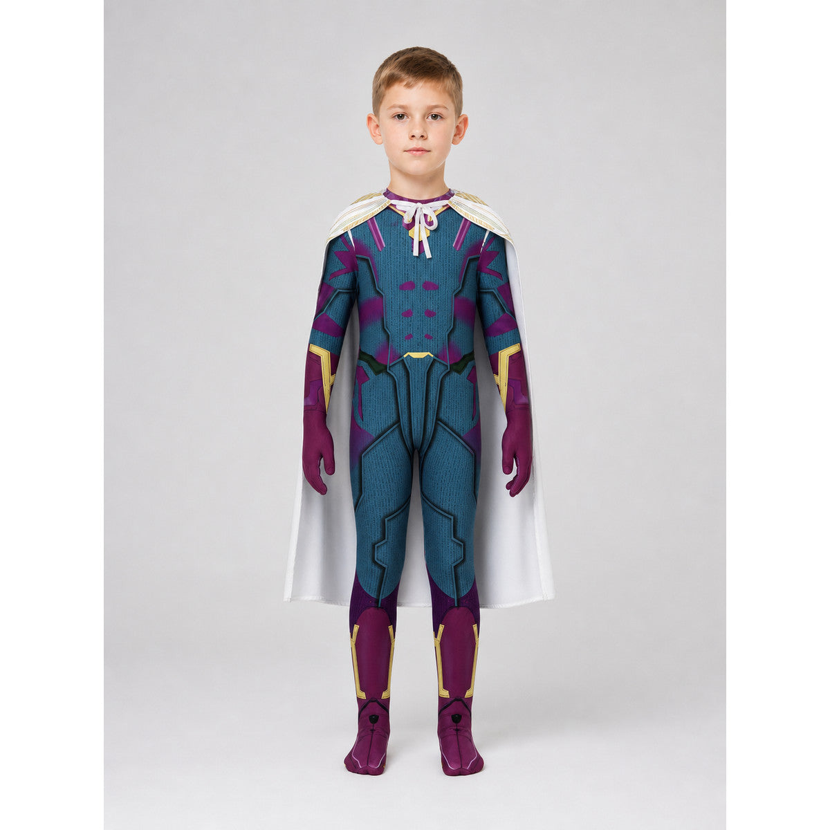 Superhero cosplay jumpsuit costume with mask on-model view