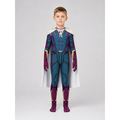 Superhero cosplay jumpsuit costume with mask on-model view