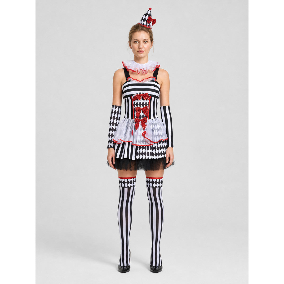Circus-Style Clown Costume with Bows for Halloween on-model view