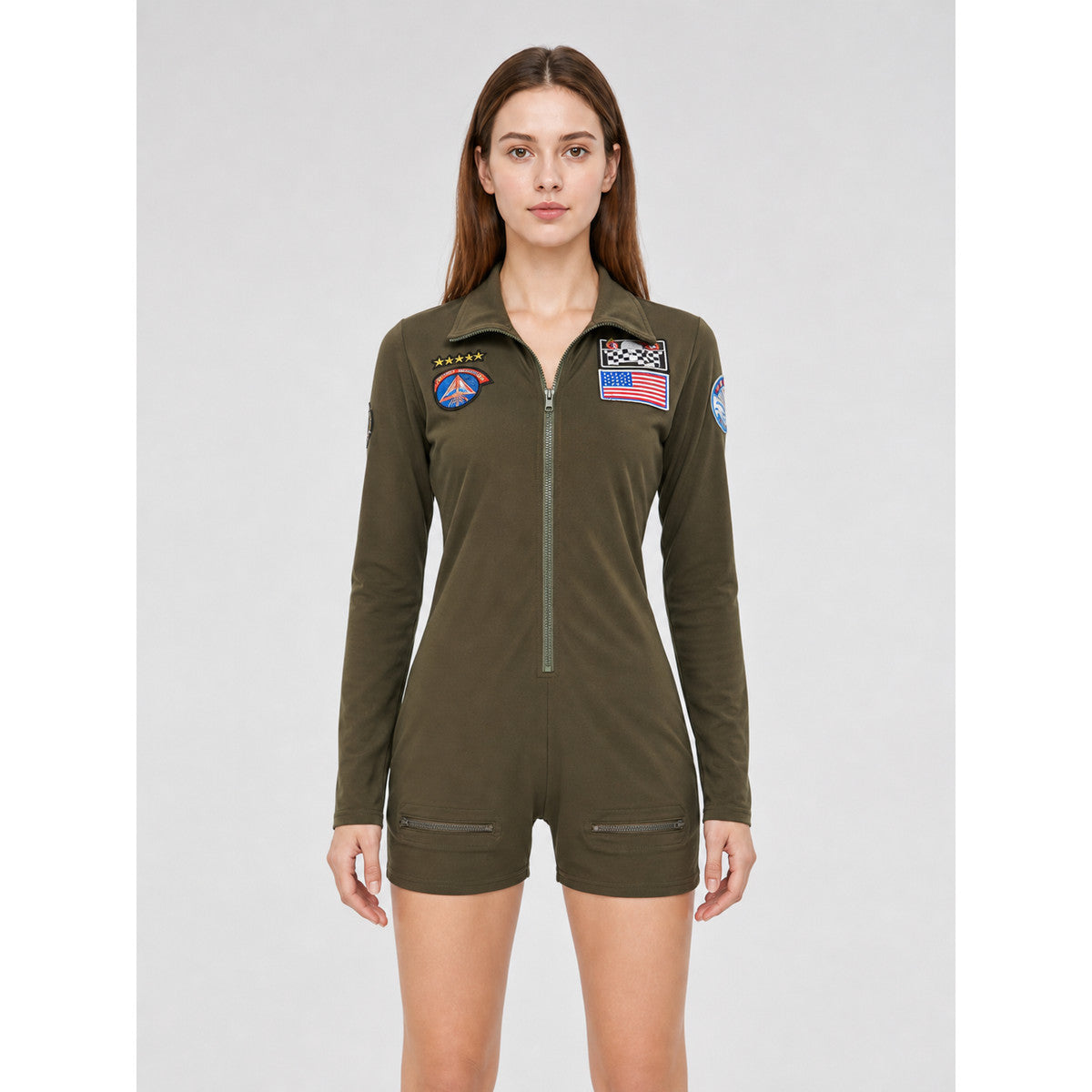 Olive Long-Sleeve Romper Shorts front view