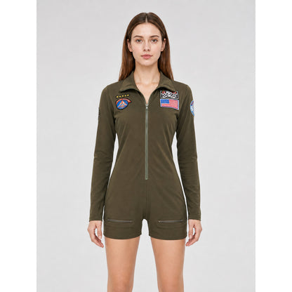 Olive Long-Sleeve Romper Shorts front view