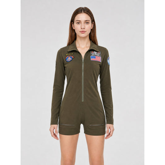 Olive Long-Sleeve Romper Shorts front view