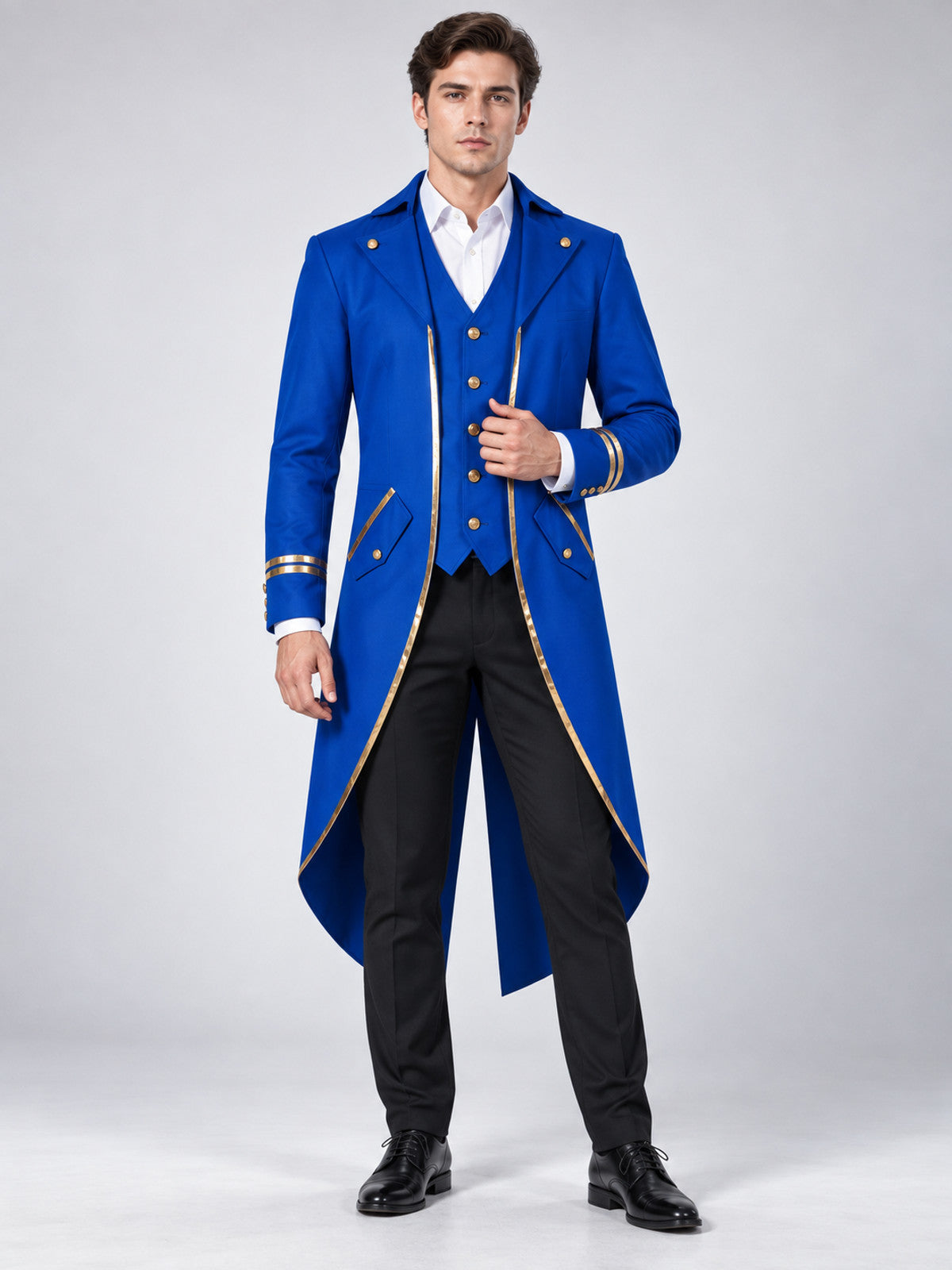 Long blue tailcoat with gold trim and buttons