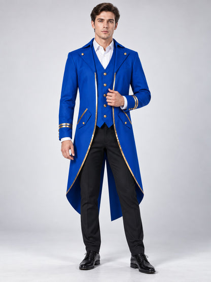 Long blue tailcoat with gold trim and buttons