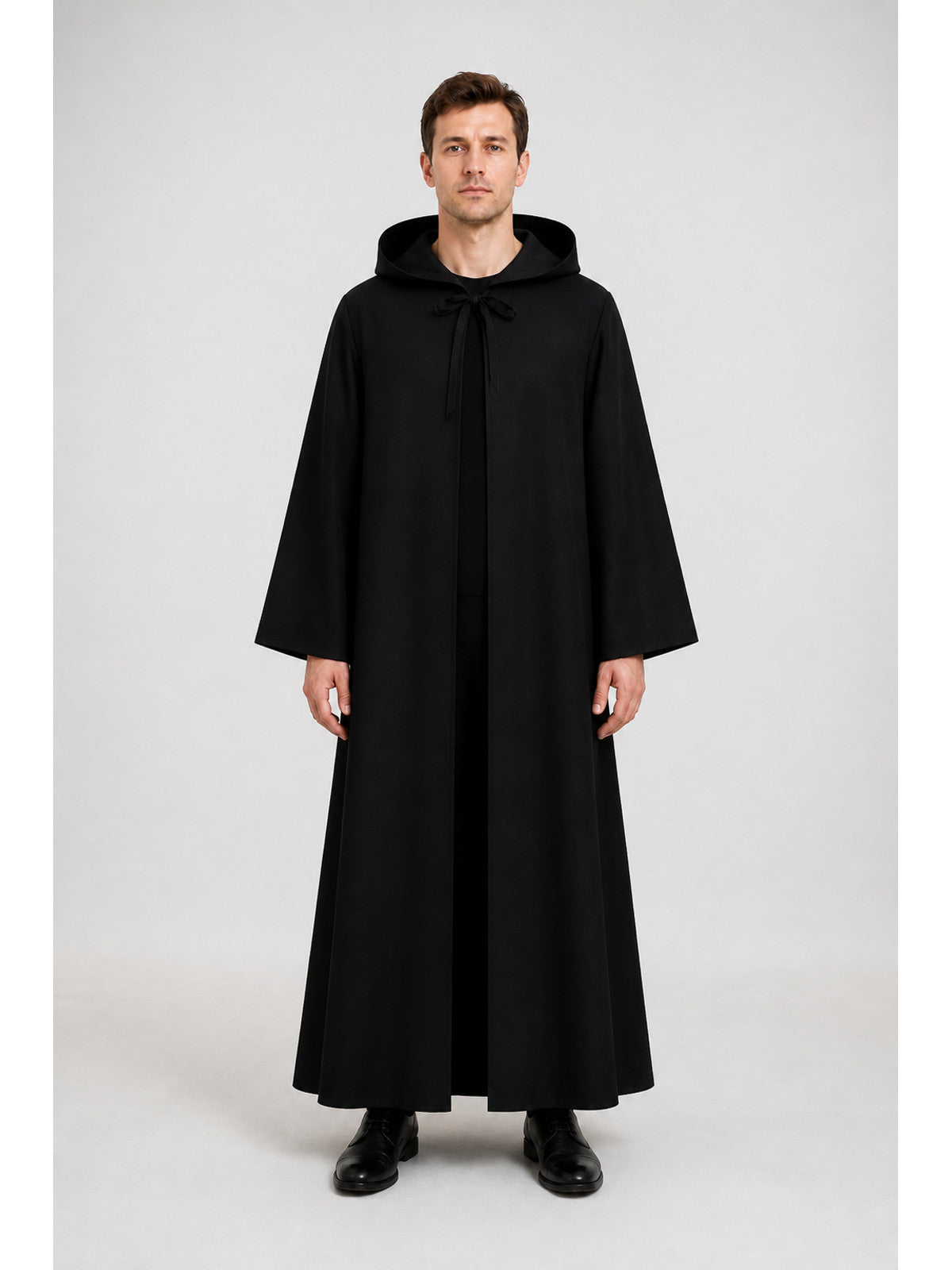 Long black hooded cloak for Jedi cosplay main product view