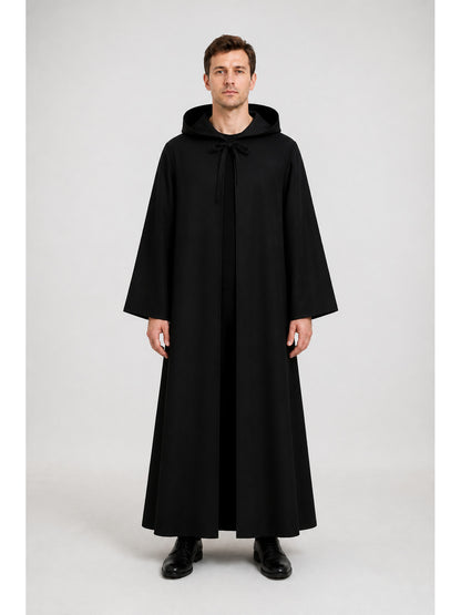 Long black hooded cloak for Jedi cosplay main product view