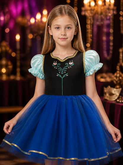 Girls' Blue Princess Cosplay Dress With Floral Embroidery And Layered Tulle on-model view