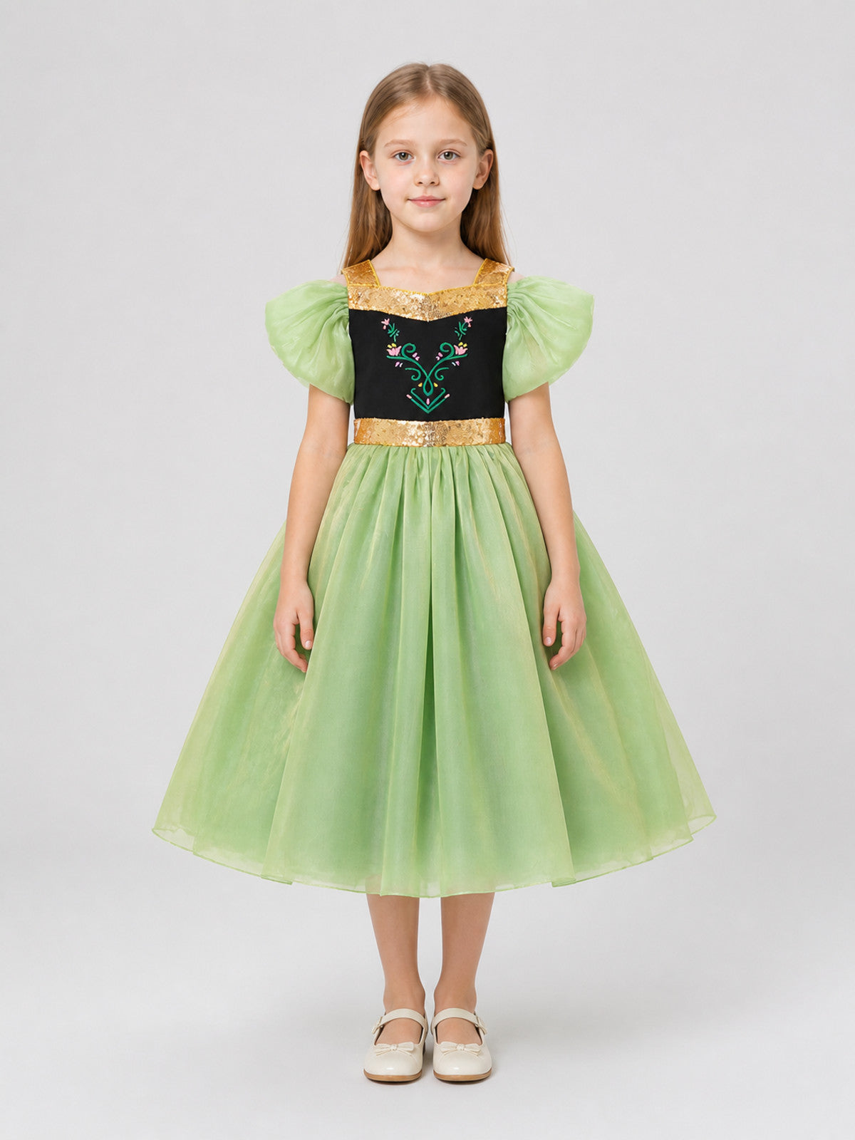 Green Princess Dress for Girls with a Tulle Skirt on-model view