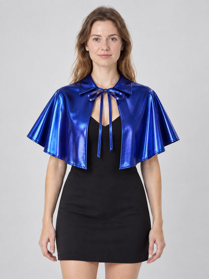Short Blue Faux Leather Cape with Ties