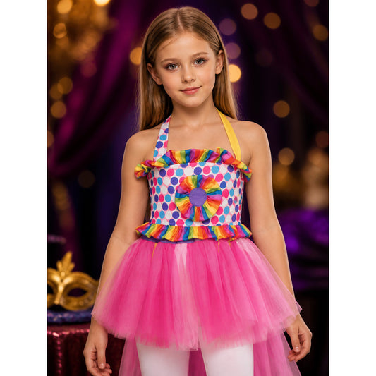 Kids' Clown Circus Costume with Polka Dot Top and Pink Tulle Skirt on-model view