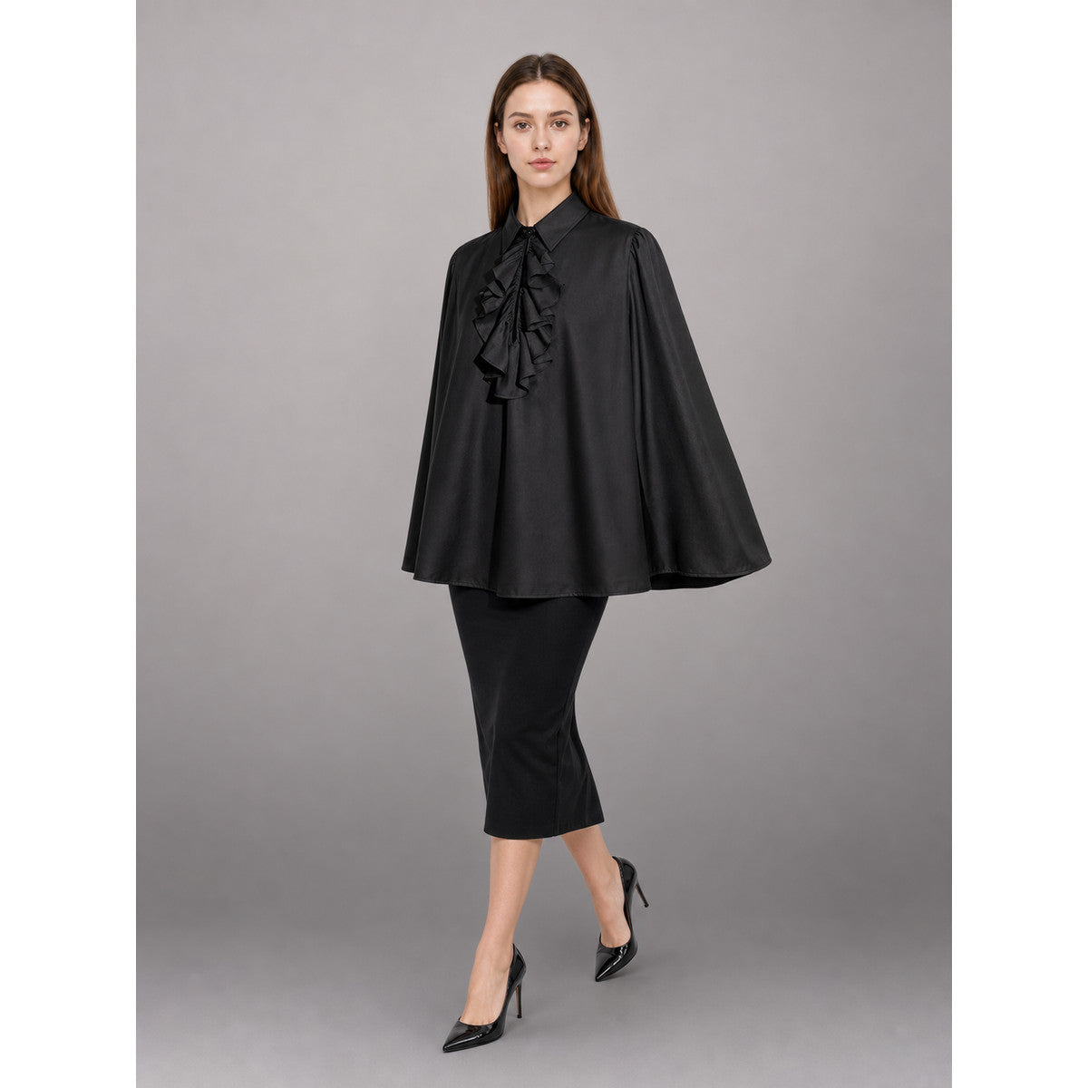 Black blouse with a high collar and ruffle front view