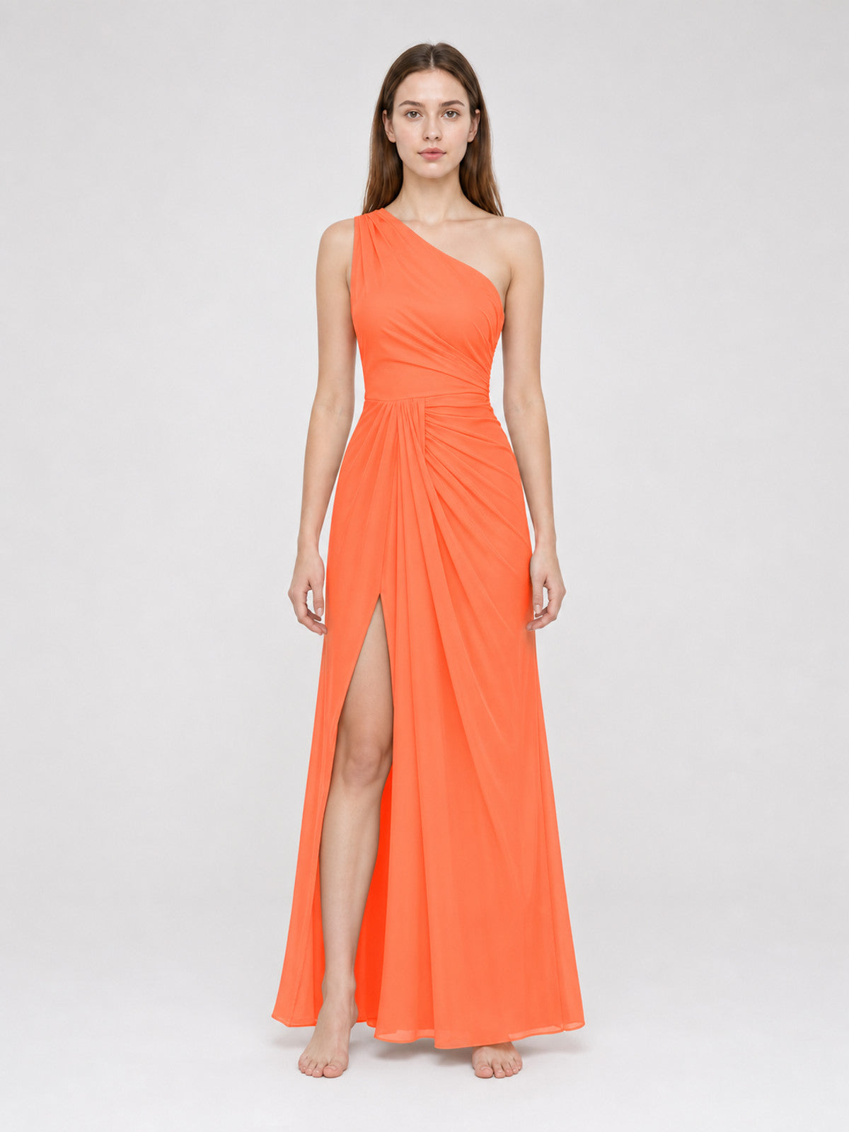 Asymmetrical One-Shoulder Maxi Dress, Orange front view