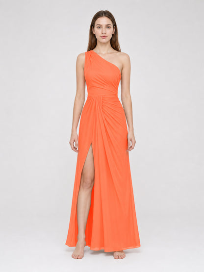 Asymmetrical One-Shoulder Maxi Dress, Orange front view
