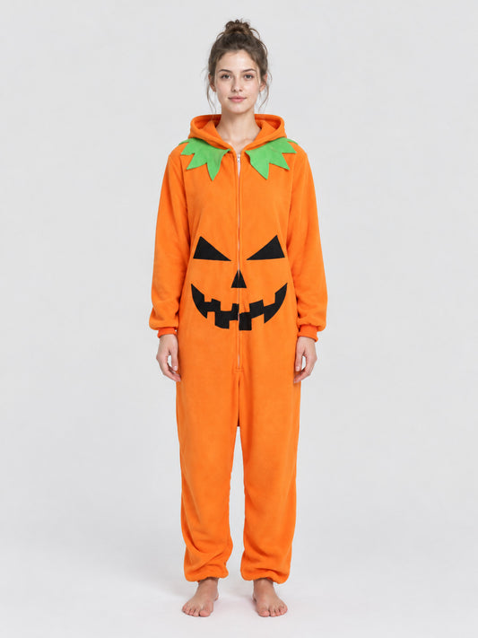 Orange Pumpkin Print Hooded Pajama Jumpsuit