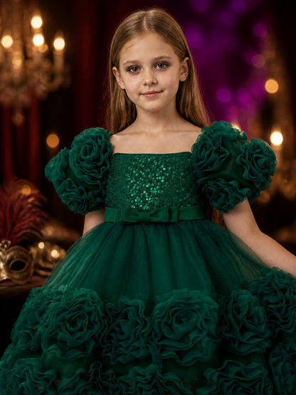 Baby Girls' Dark Green Sequined Princess Dress With Puff Sleeves and Ruffle Trim