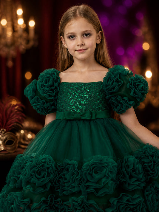 Baby Girls' Dark Green Sequined Princess Dress With Puff Sleeves and Ruffle Trim on-model view