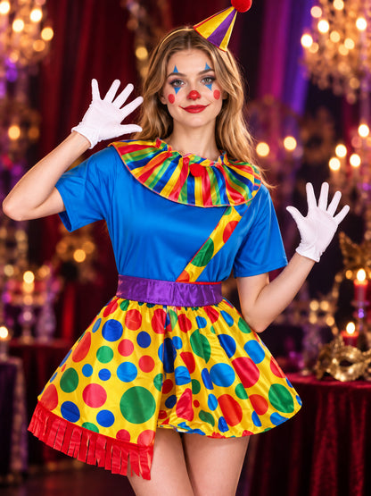 Clown Costume with Colorful Skirt, Rainbow Collar, and Belt