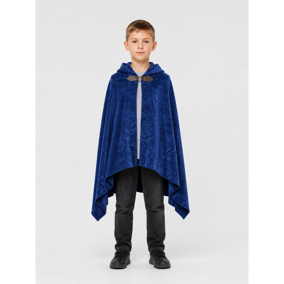 Hooded Cloak Cape with Pointed Hem for Cosplay, Blue on-model view