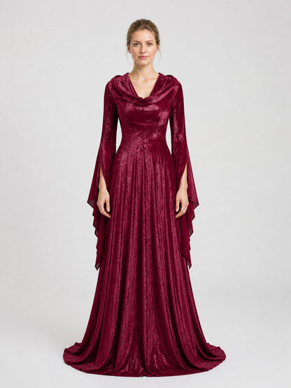 Wine-Colored Hooded Gothic Dress with Train on-model view