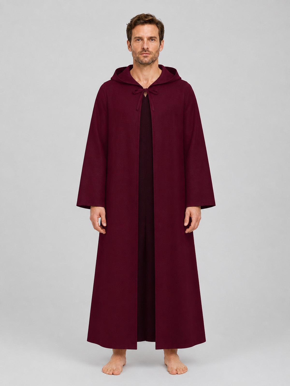 Burgundy Long Hooded Robe with a Relaxed Fit on-model view