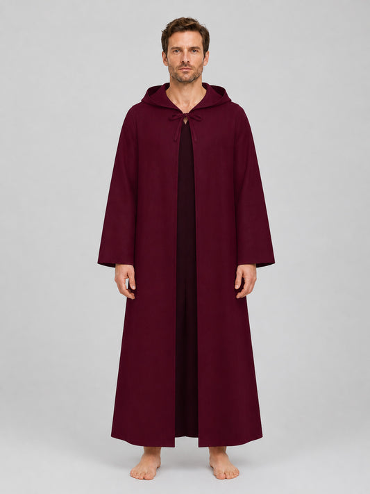 Burgundy Long Hooded Robe with a Relaxed Fit on-model view