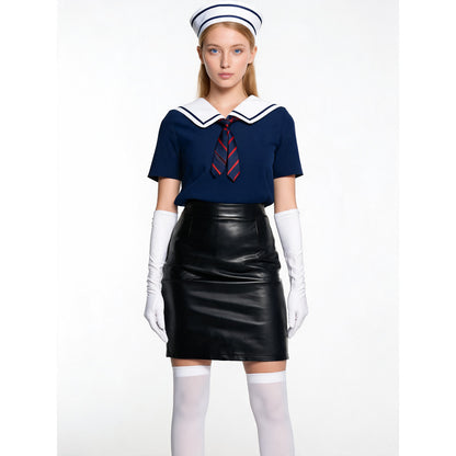 Halloween schoolgirl costume with leather skirt on-model view