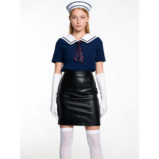 Halloween schoolgirl costume with leather skirt
