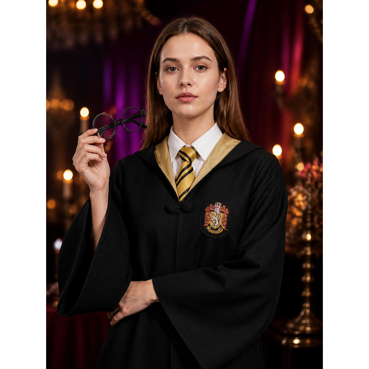 Wizard Costume Set, Hooded Black Robe with Round Glasses and Striped Tie