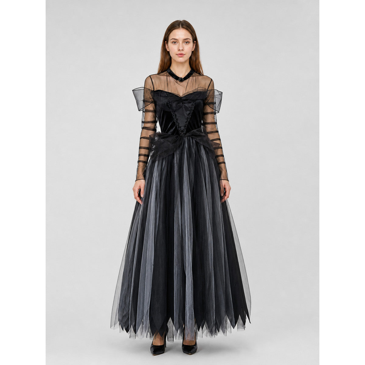 Gothic Costume: Black Long Dress with a Full Skirt on-model view