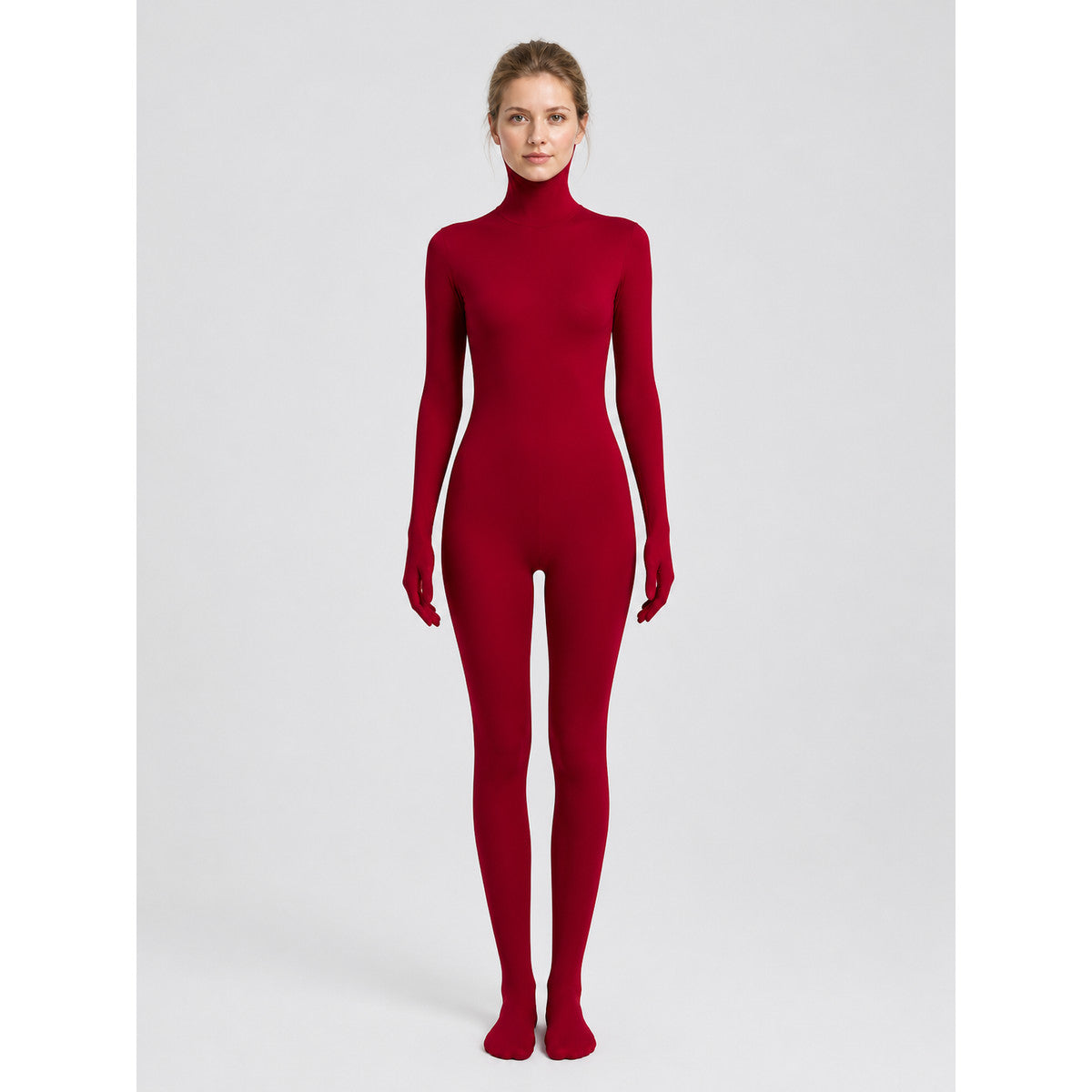 Hooded jumpsuit with covered hands and feet on-model view