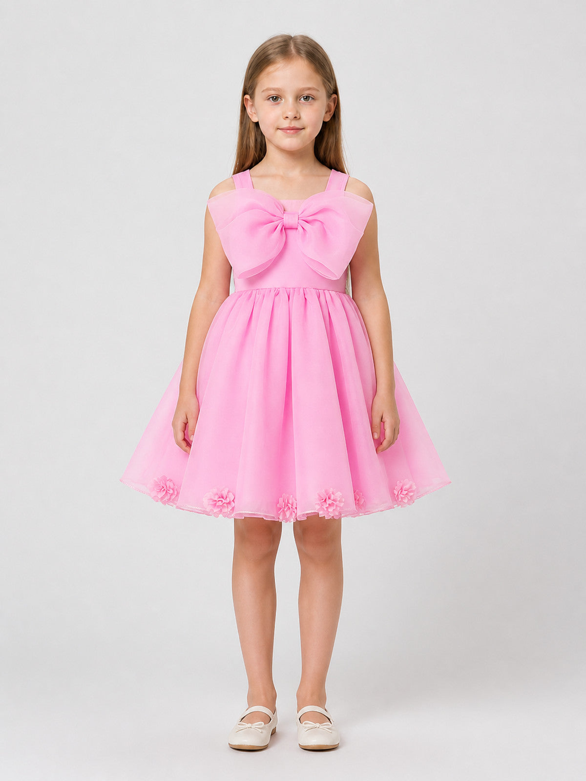 Pink Princess Dress for Girls with a Full Skirt and Bow on-model view