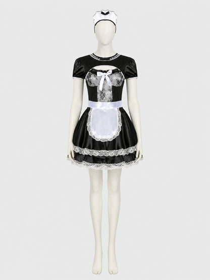 M–XL Maid Costume with White Apron and Bow on-model view
