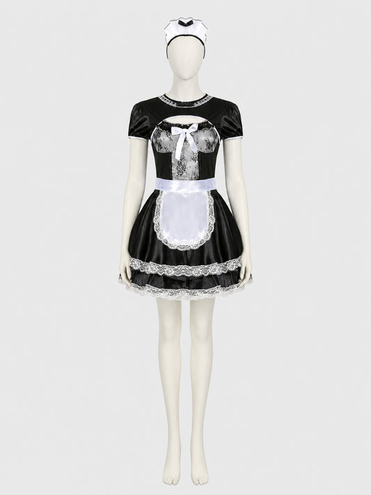 M–XL Maid Costume with White Apron and Bow on-model view