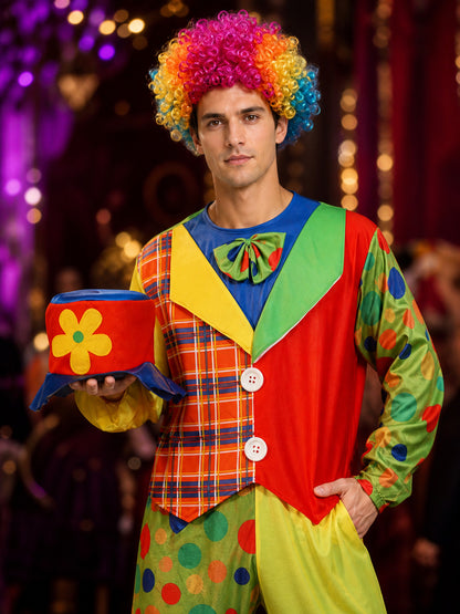 Unisex Adult Clown Costume Set, Colorful Polka Dot Jumpsuit with Vest, Bow Tie on-model view