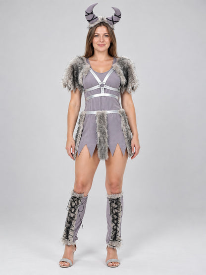 Viking Costume with Horned Headpiece and Fur