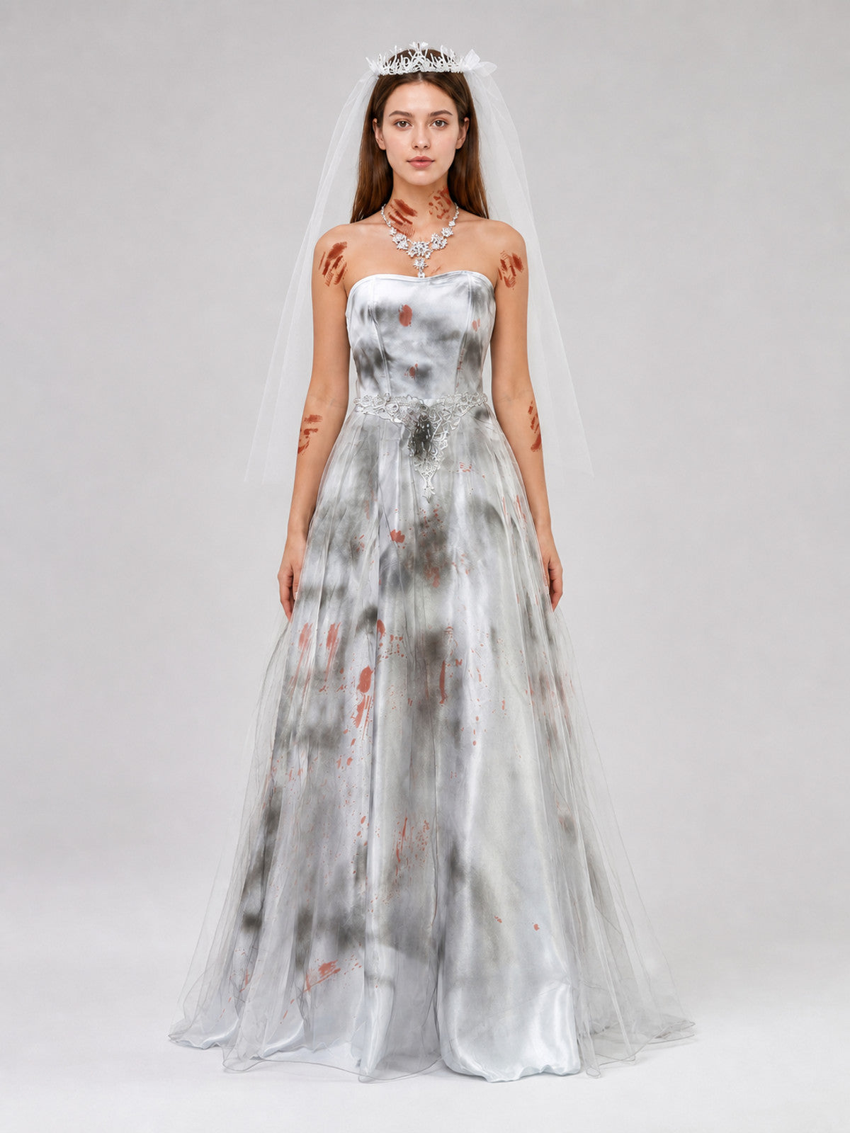 Long Bustier Dress with Red Accents and Decorative Details on-model view
