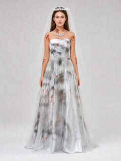 Long Bustier Dress with Red Accents and Decorative Details