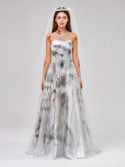 Long Bustier Dress with Red Accents and Decorative Details on-model view