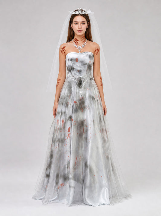 Long Bustier Dress with Red Accents and Decorative Details on-model view