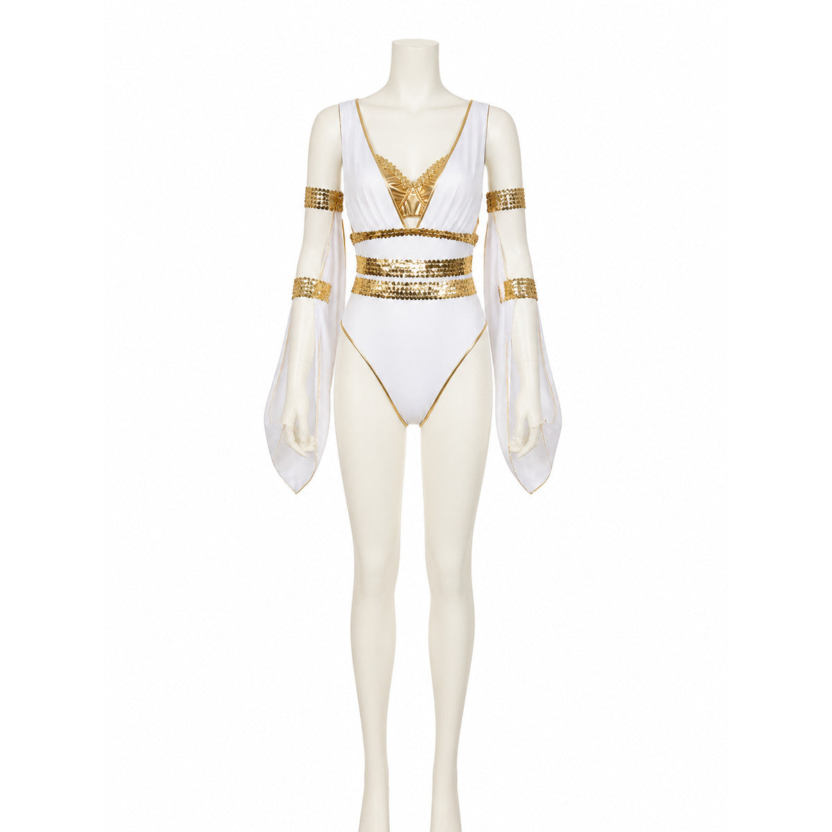 Athena Greek Goddess Halloween Costume Bodysuit Set With Gold Sequins And Deep on-model view