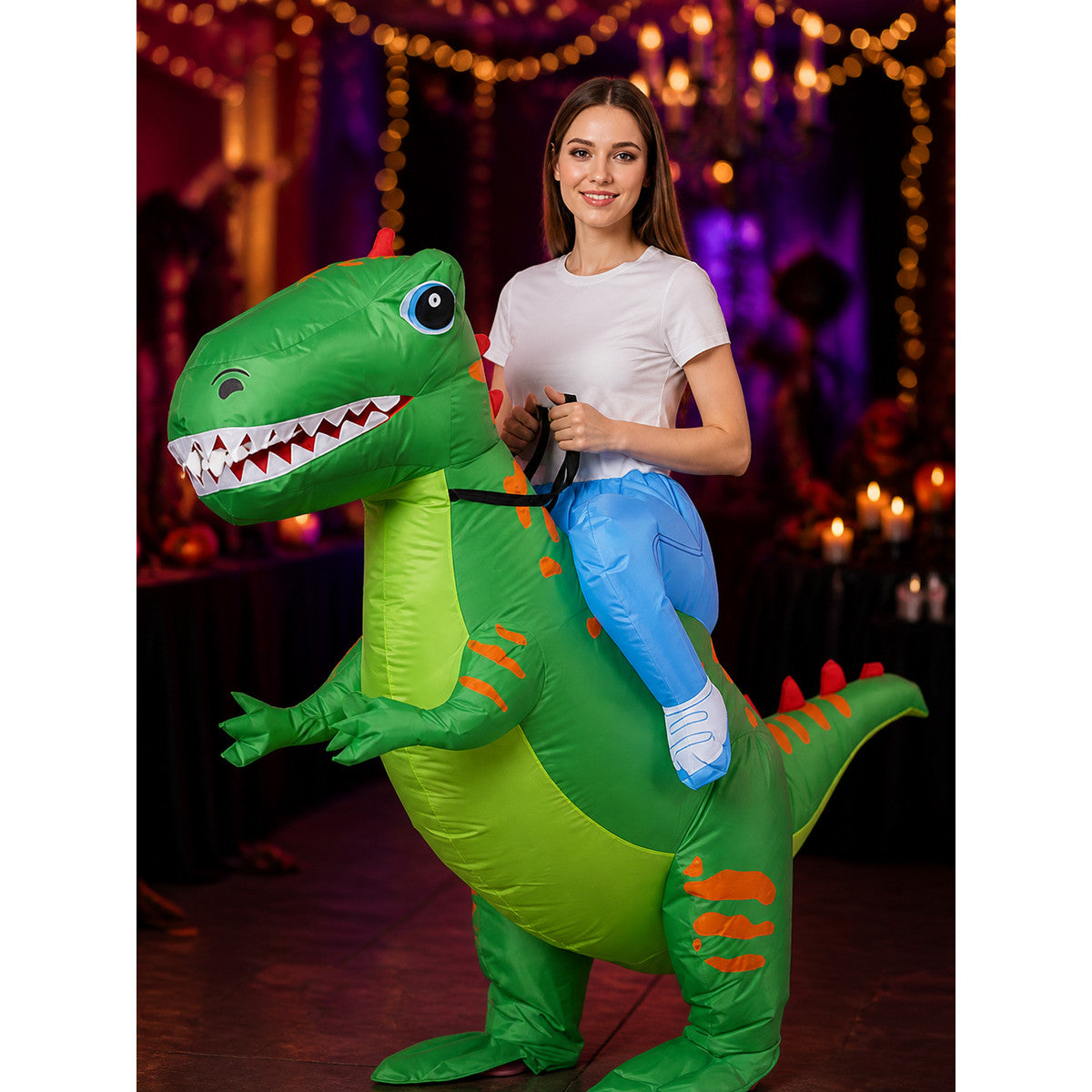 Kids Inflatable Dinosaur Costume with Orange Stripes and Spiked Back on-model view