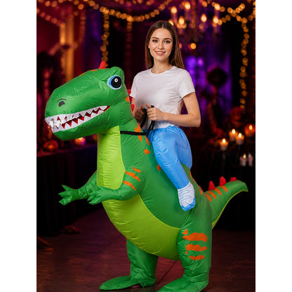 Kids Inflatable Dinosaur Costume with Orange Stripes and Spiked Back on-model view