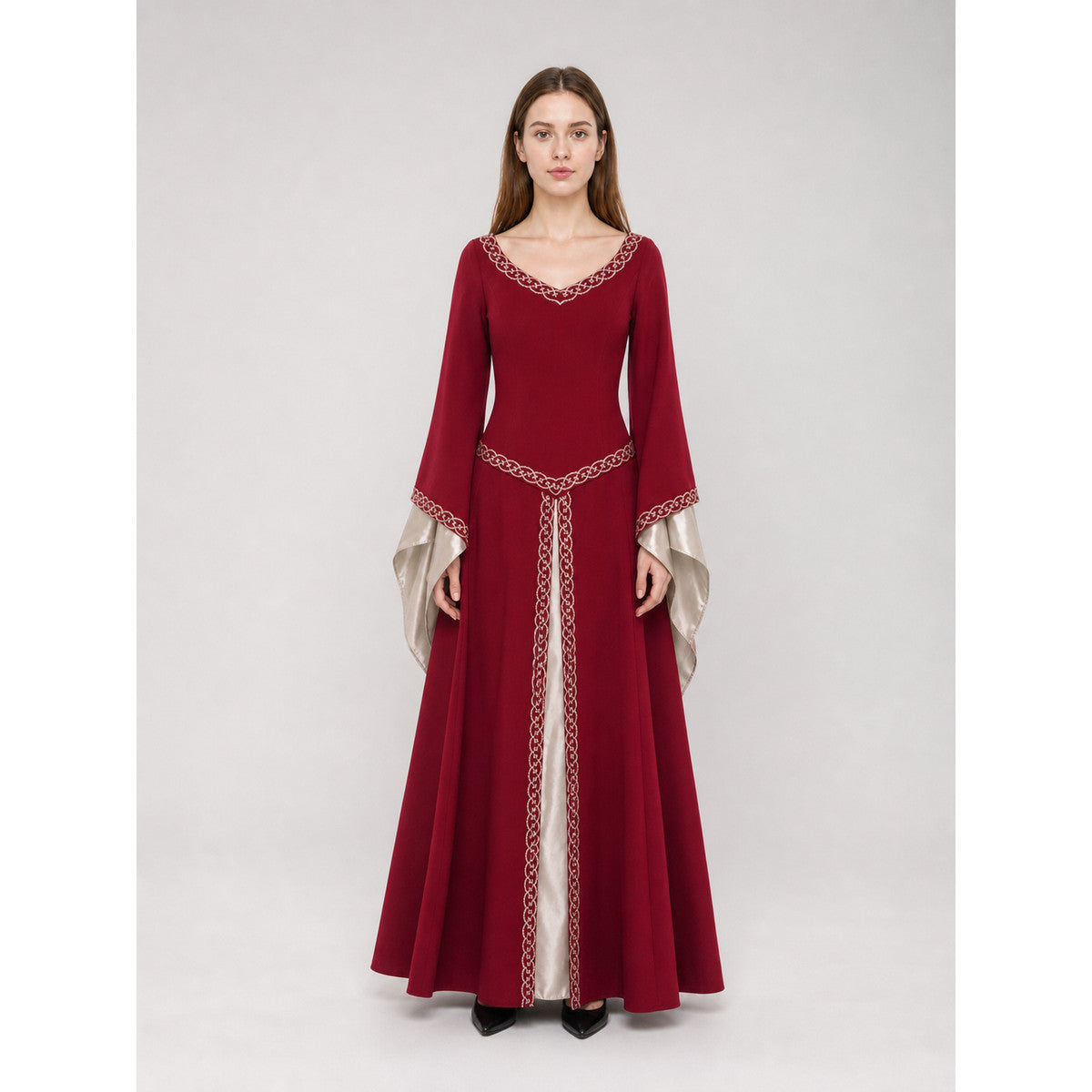 Floor-Length Dress with Long Sleeves and Decorative Trim