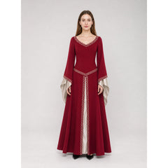 Floor-Length Dress with Long Sleeves and Decorative Trim